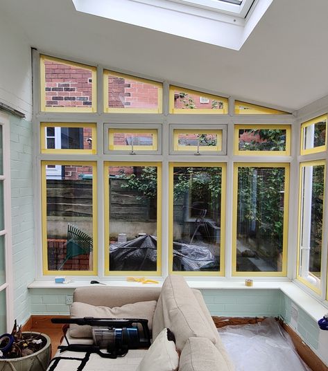 How I painted uPVC windows in our conservatory – with every success | Real Homes Conservatory Interiors Ideas, Small Conservatory Interiors, Lounge Space Ideas, Painting Upvc Windows, Conservatory Ideas Interior, Small Conservatory Ideas, Painted Upvc Door, Conservatory Makeover, Porch Conservatory