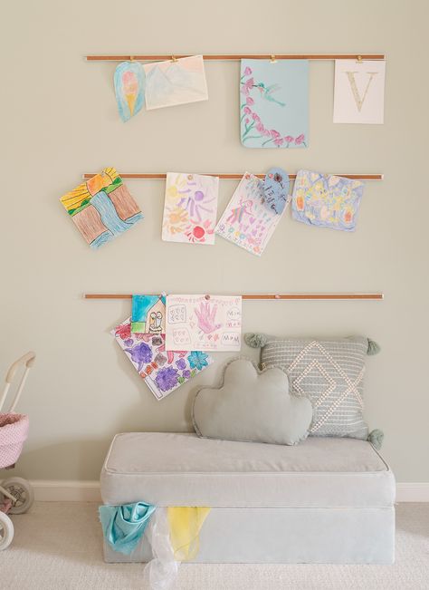 Kids’ Art Display Ideas - In Honor Of Design Living Room Playroom Ideas, Kids Art Display Ideas, Kid Art Display, Japandi Colors, Hanging Kids Art, Kids Art Display Wall, Displaying Childrens Artwork, Kids Artwork Display, Classroom Aesthetic