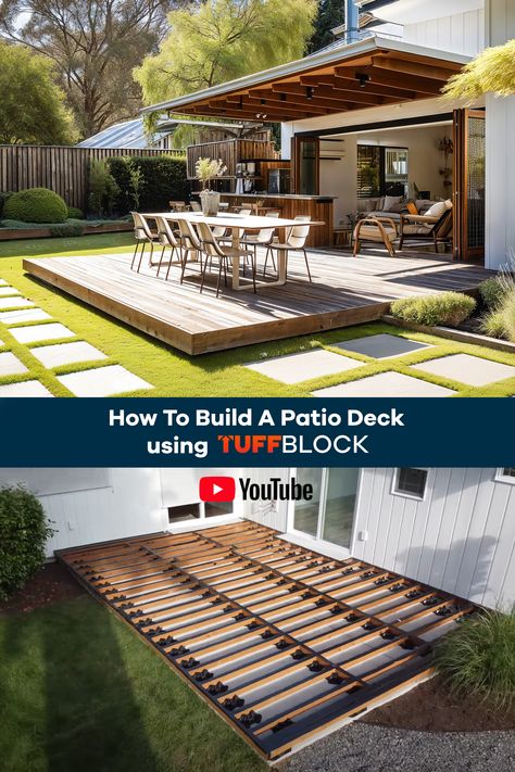 subframe showing joists laid over concrete using tuffblock deck blocks for patio deck Small Patio Deck Ideas, Ground Level Deck Ideas, Low Profile Deck, Deck Extension, Bikers Quotes, Deck Blocks, Deck Over Concrete, Patio Redo, Ground Level Deck