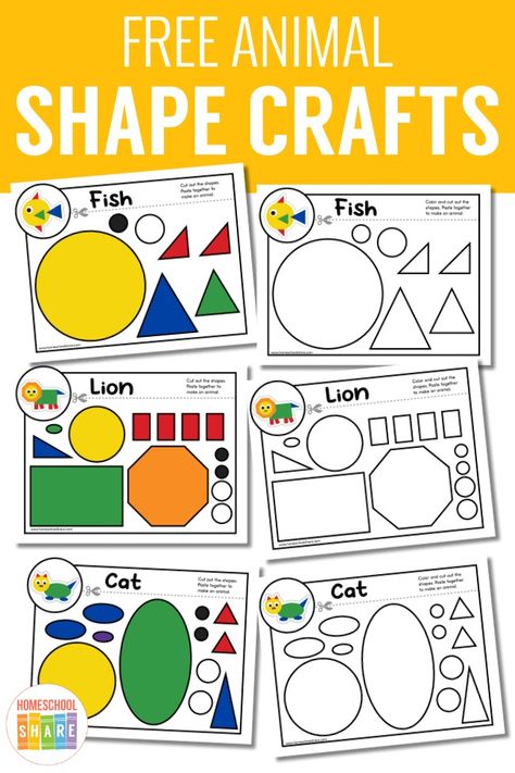 Animal Shape Crafts - Homeschool Share Art With Shapes Preschool, Shape Art Lessons For Kindergarten, Animal Theme For Kindergarten, Shape Pictures Kindergarten, Shapes Craft Kindergarten, Shapes Preschool Crafts Art Projects, Using Shapes To Make A Picture, The Shape Of Things Book Activities, Shape Animals Preschool