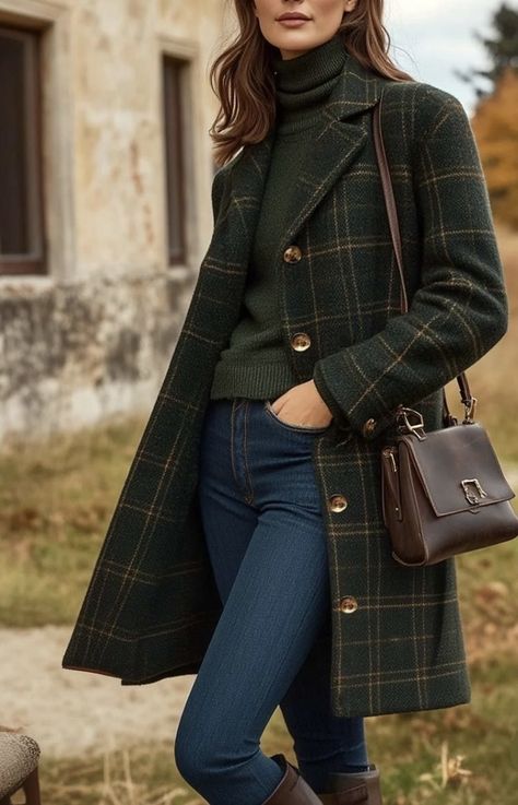 Mode Style Anglais, Mode Mantel, Plaid Wool Coat, Hair Volleyball Hairstyles, Elegante Casual, Trendy Fall Outfits, Green Coat, Mode Inspo, Volleyball Hairstyles