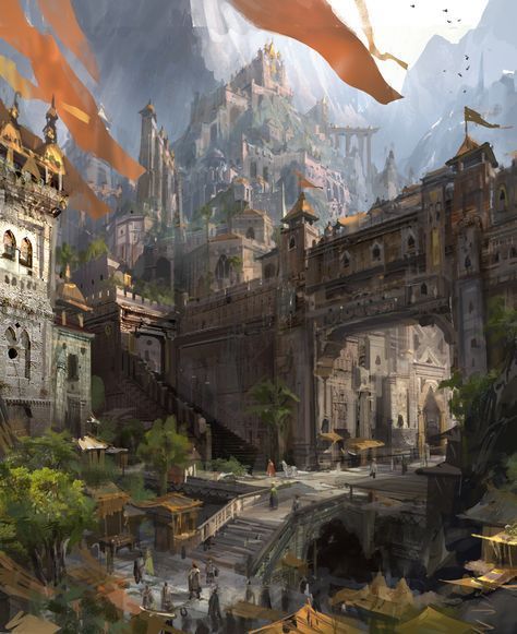 victorious city - high walled fortress in the mountains with banners RPG fantasy setting inspiration Castle Gates Fantasy Art, City Gates Fantasy Concept Art, Castle City Fantasy Art, Fantasy City Architecture, Fantasy Castle City, Fantasy Kingdom Cities, Dark Fantasy City, Fantasy City Concept Art, Fantasy Arena