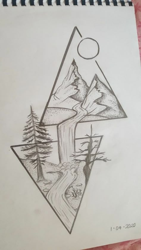 Tattoo Mountains, Mountains Quotes, Triangle Drawing, Mountains Tattoo, Easy Pencil Drawings, Forest Drawing, Tree Drawings Pencil, Mountain Drawing, Mushroom Drawing