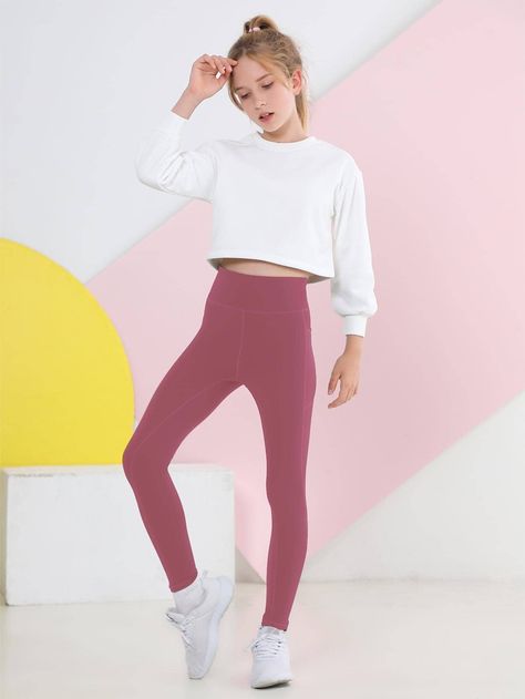 Dusty Pink  Collar  Fabric Plain Regular Embellished High Stretch  Tween Girls Clothing Teen Leggings Outfit, Girl Surfer, Gender Fluid Fashion, Kids Camp, Estilo Fitness, Girl Leggings, Perfect Leggings, Cute Gym Outfits