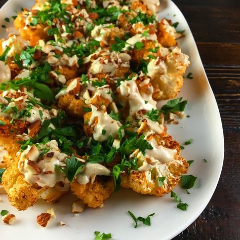 Cauliflower Salad Recipes, Cauliflower With Tahini Sauce, Raw Cauliflower Salad, Roasted Cauliflower With Tahini, Cauliflower With Tahini, Roast Veggies, Roasted Cauliflower Recipes, Raw Cauliflower, Paleo Sides