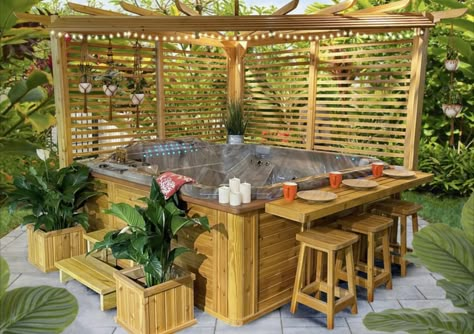 Hot Tub Stairs Ideas, Hot Tub Under Pergola, Hot Tub Enclosure Ideas Diy, Spa Shed, Hot Tub Corner, Backyard Jacuzzi Ideas Patio, Hot Tub Seating, Hidden Hot Tub, Outdoor Hot Tub Ideas