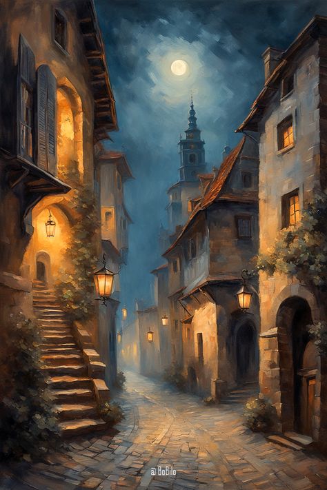 Mystical Moonlit Charm: A Serene Night over the Ancient Cityscape Ancient House, City Houses, Vertical City, Medieval Era, Ancient Houses, Moonlit Sky, Italy Painting, Historical Artwork, American Painting