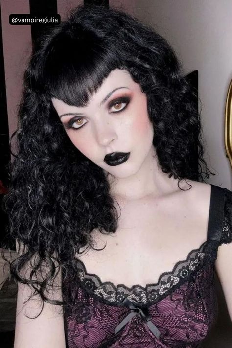 Vampire Bangs On Curly Hair Gothic Hairstyle, Bangs On Curly Hair, Vampire Hair, Goth Hairstyles, V Bangs, Elegant Goth, Gothic Hairstyles, Goth Hair, How To Cut Bangs