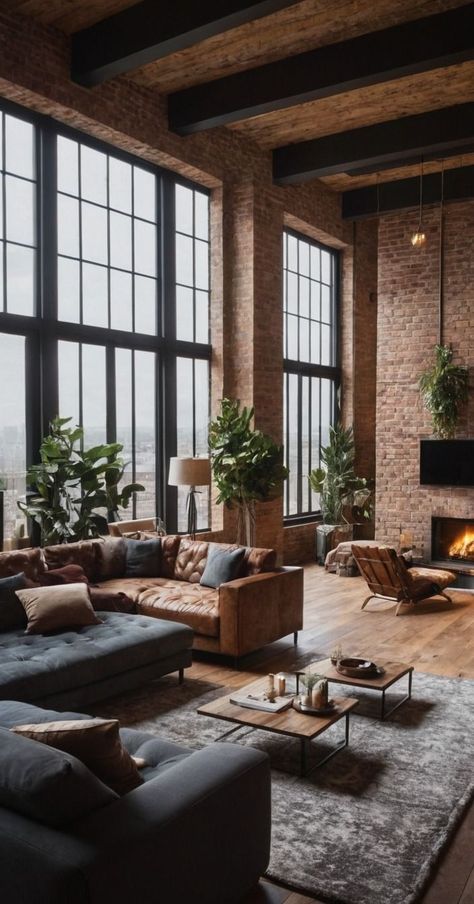 Room With Loft Ideas, Natural Industrial Decor, Industrial Appartement Loft, Urban Style Interior Design, Living Room Designs Industrial, Warehouse Apartment Industrial, Industrial Sitting Room, Living Estilo Industrial, Loft Interior Living Room