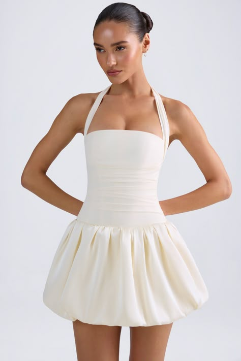 Ludmila Halterneck Lace-Up Bubble Hem Corset Micro Mini Dress in Ivory | Oh Polly Sleeveless Short Dress, Bubble Hem, Grad Dresses, Oh Polly, Hem Skirt, Micro Mini, Kochi, Mode Inspiration, White Skirts