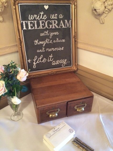 Vintage telegram guest book idea  Down-hall-wedding-venue-essex Vintage Guest Book Ideas, 1920s Wedding Decor, 1920s Wedding Decorations, Vintage Telegram, Vintage Guest Book, Signing Ideas, Vintage Wedding Guest Book, Wedding Cricut, Guess Book