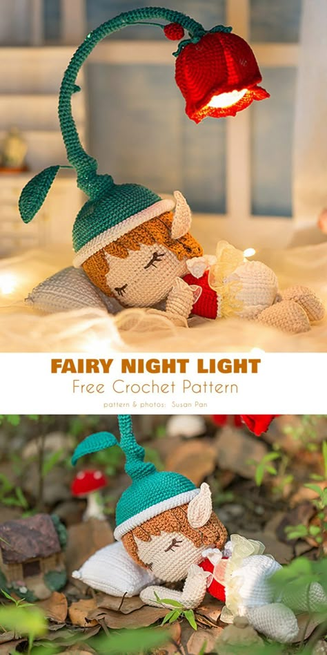 Lighting Project Ideas and Free Crochet Patterns - Your Crochet Fairy Night Lights, Fairy Night Light Crochet Pattern, Fairy Knitting Patterns, Melty Beads 3d, Crochet Night Light, Crochet Fairy Lights Free Pattern, Crochet Fairy House Free Pattern, Free Crochet Fairy Pattern, Crochet Fairies Free Patterns