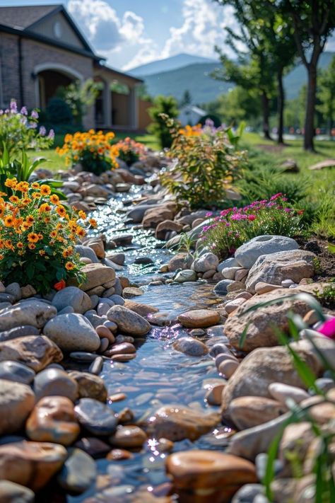 Dry Riverbed Landscaping, Garden Stream, Diy Backyard Projects, River Rock Landscaping Ideas, Garden Small Backyard, Maldives Resorts, Backyard Landscaping On A Budget, Landscaping On A Budget, Beautiful Environment