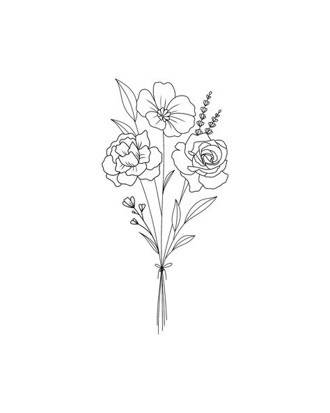 Flower Template Tattoo, Individual Flower Drawing, June Flower Bouquet Tattoo, Line Work Bouquet Tattoo, Bouquet Of 3 Flowers Tattoo, Simple Bouquet Of Flowers Tattoo, January Flower Bouquet Tattoo, Single Line Flower Bouquet Tattoo, Cute Flower Tattoos On Arm