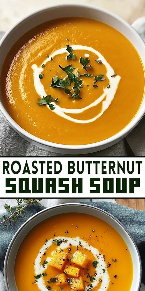 🥣 Warm up with this creamy Roasted Butternut Squash Soup! Made with caramelized squash, cozy spices, and a touch of cream, this soup is perfect for chilly days. Serve it with crusty bread for a comforting lunch or dinner. Easy to make and packed with nutrients, it’s a fall favorite you’ll want to make again and again! 💡 Pin it now and enjoy a bowl of this seasonal goodness! #ButternutSquashSoup #FallRecipes #ComfortFood #HealthySoups #VegetarianRecipes 🍂🧄 Winter Butternut Squash Soup, Leftover Squash Soup, Savory Butternut Squash Soup Recipes, Butternut Squash Soup With Cream, Butternut Squash Cream Soup, Simple Squash Soup, Creamy Roasted Butternut Squash Soup, Butternut Squash Pizza Crust, Quick Butternut Squash Soup