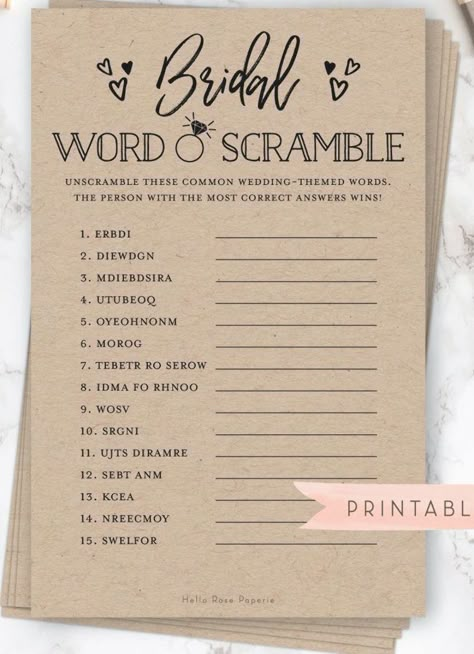 Brunch Bridal Shower Games, Wedding Word Scramble, Bridal Shower Word Scramble, Bridal Word Scramble, Western Bridal Showers, Wedding Shower Brunch, Bridal Party Games, Simple Bridal Shower, Scramble Game