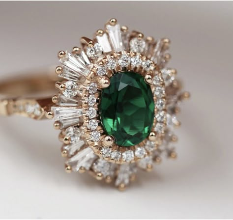 Polki Wedding Jewellery, Lantsov Emerald, Emerald Wedding Ring Vintage, Emerald Vintage Ring, Emerald Art Deco Ring, Emerald And Gold Engagement Ring, Heidi Gibson Engagement Rings, Gothic Forest Wedding, Art Deco Engagement Ring Emerald