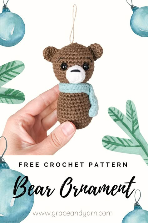 Quick and easy free crochet bear ornament pattern! Crochet Patterns For Christmas, Grace And Yarn, Holiday Crochet Patterns, Teddy Bear Ornament, October Crafts, Animal Amigurumi, Crochet Animal Amigurumi, Intricate Crochet, Crochet Christmas Trees