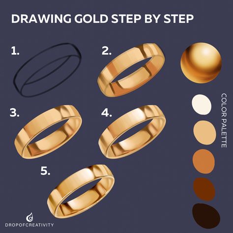 Gold Shading Reference, Gold Ring Drawing Tutorial, How To Colour Gold Digital Art, How To Shade Gold Digital Art, Paint Gold Tutorial, Gold Texture Drawing, Coloring Gold Tutorial, Digital Art Gold Tutorial, How To Draw Jewelry Digital