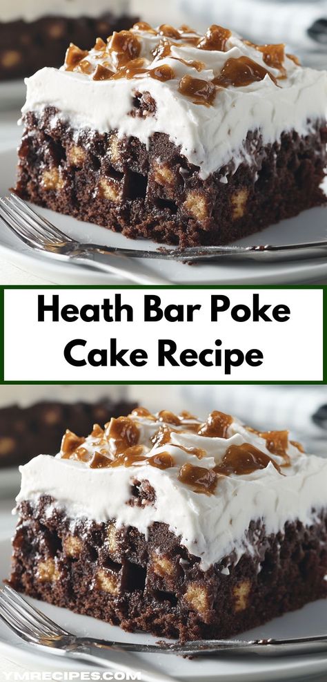 Craving a dessert that combines rich flavors with simple steps? This Heath Bar Poke Cake is your answer. It's a delectable mix of chocolate and toffee, ideal for satisfying your sweet tooth after dinner. Heath Bar Poke Cake, Heath Bar Dessert, Heath Cake, Weeknight Desserts, Heath Bar Cake, Toffee Dessert, Heath Bar, Poke Cake Recipe, Chocolate Poke Cake