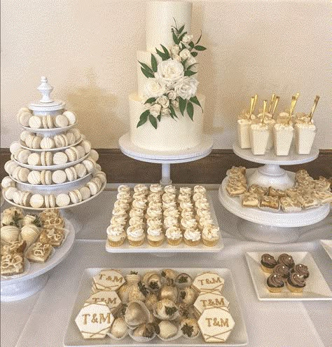 Unique gallery of dessert displays featuring cakes, cake pops, cupcakes, macarons, and cookies. Create a delicious table of options for baby showers, birthdays, weddings, and other occasions. Order from Laurie Clarke Cakes custom cake bakery in the Portland, OR area. Wedding Dessert Table Cannoli, Simple Dessert Bar Wedding, Wedding Cookies And Cupcakes, Engagement Treats Desserts, Wedding Mini Desserts Table, Cupcake And Cookie Display Table, Wedding Table Dessert, Cake Area Decoration, Wedding Dessert Table Cookies