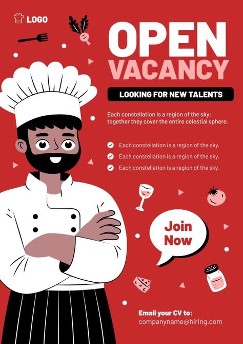 Hand-drawn Flat Chef Open Vacancy Poster Vacancy Poster, Chef Job, Chef Jobs, Job Poster, Job Vacancy, Brand Kit, Home Poster, Poster Template, Free Graphic Design