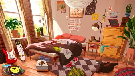 Lofi Vibes, Bedroom Illustration, Bedroom Drawing, Hidden Objects, Lo Fi, Design Bedroom, Color Studies, Apartment Inspiration, Environment Concept Art