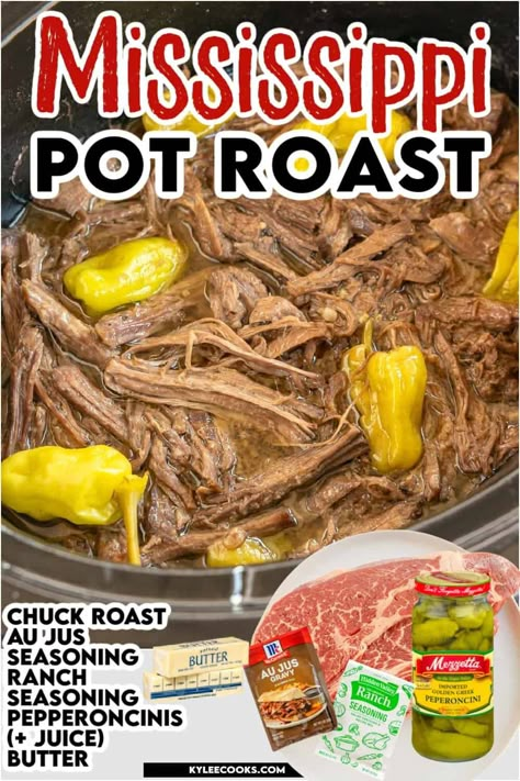 Mississippi Pot Roast - a flavorful and tender beef roast cooked low and slow with ranch seasoning, au jus gravy mix, pepperoncini peppers, and butter. This savory dish is perfect for a comforting family dinner. Chuck Roast Crock Pot, Crock Pot Mississippi Pot Roast, Chuck Roast Crock Pot Recipes, Roast Crock Pot Recipes, Roast Crock Pot, Crockpot Roast Recipes, Pot Roast Crock Pot Recipes, Mississippi Pot, Crockpot Recipes Beef Stew