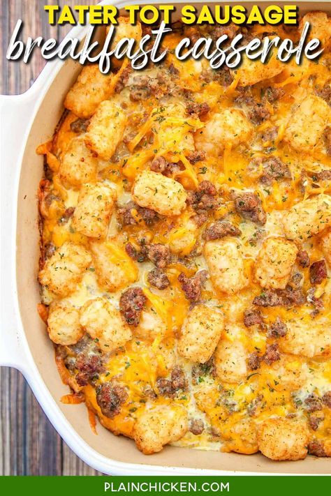 Tater Tot Sausage Breakfast Casserole - great make ahead recipe! Sausage, cheddar cheese, tater tots, eggs, milk, garlic, onion and black pepper. Can refrigerate or freeze for later. Great for breakfast. lunch or dinner. Everyone loves this easy breakfast casserole!! Eggless Breakfast Casserole, Tater Tot Sausage Breakfast Casserole, Breakfast Buffet Ideas, Tot Recipes, Sausage Breakfast Casserole, Tater Tot Breakfast Casserole, Morning Recipes Breakfast, Breakfast Casserole Recipe, Best Breakfast Casserole