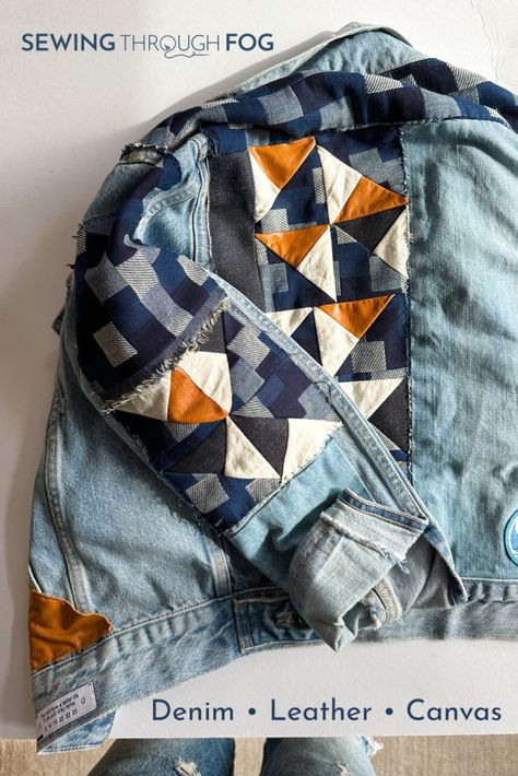 Patchwork Jeans Diy, Boro Jacket, Jean Jacket Diy, Upcycled Jackets, Upcycled Denim Jacket, Denim Scraps, Diy Denim Jacket, Mending Clothes, Clothing Upcycle