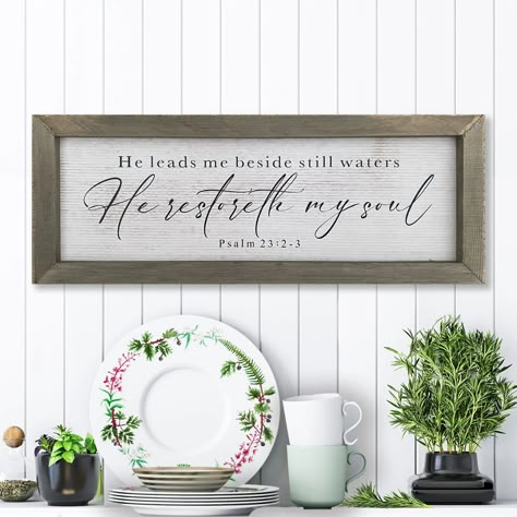 Psalm 23 Rustic Christian Wood Sign Amazing Faith Designs Farmhouse Scripture Signs, Scripture Wood Signs, Christian Home Decor Ideas, Wooden Farm Signs, Redecorate Room, Dining Room Rustic, He Restores My Soul, Boho Living Room Inspiration, Scripture Wall Decor