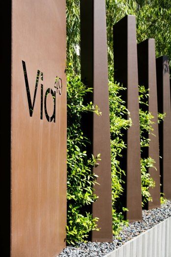 VIA Leighton Buzzard, Landscape Gardening, Boundary Wall, Compound Wall, Walled Garden, Landscape Architecture Design, Metal Fence, Wayfinding Signage, Corten Steel