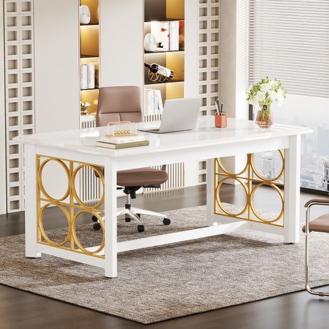 Mercer41 Ranea Modern Executive Desk, Glossy White | Wayfair Feminine Home Office Classy, Executive Desk Modern, Modern White Desk, Large Computer Desk, Modern Executive Desk, Computer Desks For Home, Modern Computer Desk, Modern Office Desk, Desk Essentials