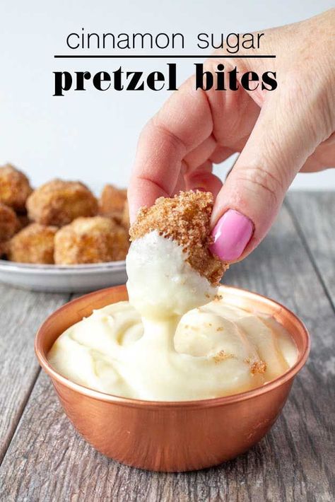 This recipe is so much better than anything you can find at the mall.  These Cinnamon Sugar Pretzel Bites are soft and perfect dipped into a sweet cream cheese frosting!  #soft #bites #easy #recipe #dip #homemade #best Cinnamon Sugar Pretzel Bites, Pretzel Dip Recipes, Cinnamon Pretzels, Pretzel Bites Recipes, Pretzel Bread, Cinnamon Sugar Pretzels, Delicious Dips, Pretzel Dip, Sweet Dips