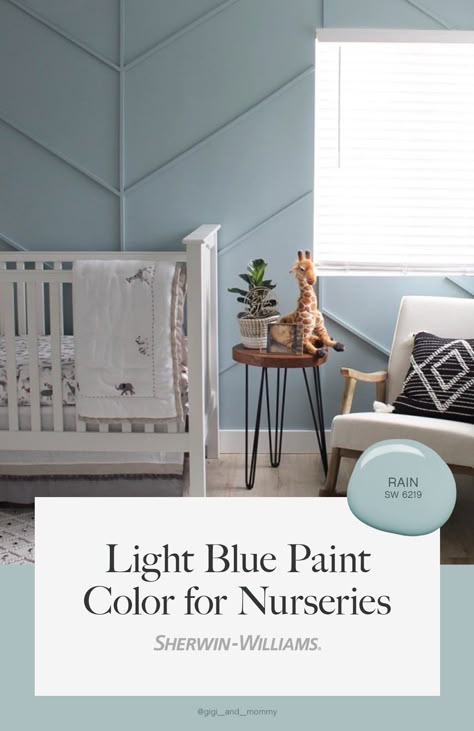 Make your nursery cute-as-can-be with the light blue paint color Rain SW 6219 from Sherwin-Williams. To see this happy hue in your home, tap this pin to order a free color chip. #sherwinwilliams #diy #homedecor #nursery #paint #diyprojects #homeimprovement #blue #babyblue Dolphin Blue Paint Behr, Dusty Blue Accent Wall Nursery, Sage Blue Nursery, Playroom Blue Walls, Sw Nursery Paint Colors, She Twin Williams Light Blue, Nursery Accent Wall Blue, Behr Blue Nursery Paint Colors, Benjamin Moore Blue Nursery