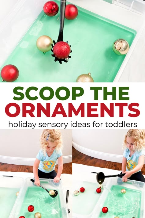 Ornament Scooping | Holiday Sensory Ideas for Toddlers - Toddler Approved Scooping Activities, Christmas Sensory Play, Christmas Activities For Toddlers, Christmas Sensory, Preschool Christmas Activities, Christmas Preschool, December Activities, December Crafts, Nursery Activities