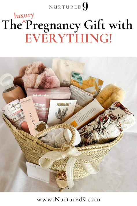 Treat Mom-to-be with a luxury pregnancy gift basket full of everything she needs to feel more comfortable, soothed, supported...and loved by YOU! This is our Ultimate Pregnancy Gift Basket from Nurtured 9. Shop Now or curate-your-own gift at Nurtured9.com! Pregnancy Gifts For Friend Care Packages, Diy New Mom Gift Basket, Postpartum Mom Gift Basket, Mom To Be Gift Ideas Basket, Gift Basket For Expecting Mom, Mommy To Be Gift Basket, Pregnancy Announcement Box Ideas, Mom To Be Gift Basket, Expectant Mom Gift Basket