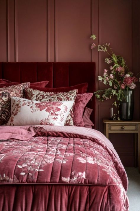 Mauve Bedroom, Burgundy Room, Red Headboard, Dusty Pink Bedroom, Burgundy Bedroom, Rose Bedroom, Pink Bedroom Ideas, Bedroom Ideas Inspiration, Neutral Bedroom Decor