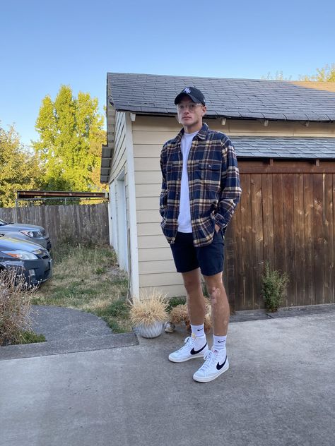 Men’s Fall Fashion 2022 Casual, Nike Blazer Summer Outfit Men, Flannel Shorts Outfit Men, Conrad Fisher Inspired Outfits, Nike Blazer Shorts Outfit, Nike Blazer Outfit Men Shorts, Florida Fashion Men, Shorts For Men Outfits, Summer Outfits With Flannels