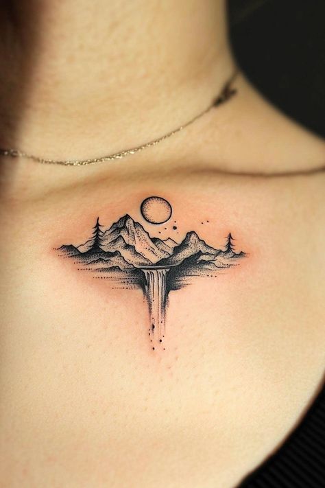 77 Chic and Simple Mountain Tattoo Design Ideas for Every Minimalist – Refined Aesthetique Big Rock Candy Mountain Tattoo, Valley And Mountain Tattoo, Spine Tattoos Mountains, Snowflake Mountain Tattoo, Western Mountain Tattoo, Montana Tattoo For Women, Horizon Tattoo Minimalist, Acator Tattoos, Mountain And Trees Tattoo Design