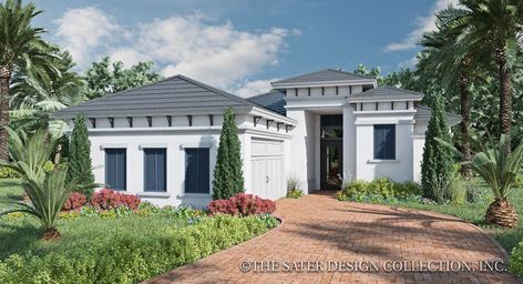 Modern Mediterranean style | The Augusta House Plan | Home Plan Transitional Mediterranean Home, Modern Ranch House Plans, Master Suite Bedroom, Modern Ranch House, Coastal House Plans, Mediterranean Style Home, Mediterranean House Plans, Mediterranean Style Homes, Modern Ranch