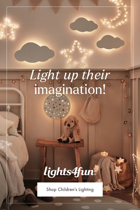 Fulfil your little one's curiosity with our imaginative and playful children's lighting🌟☁ Shop neon lights, fairy lights, night lights & more now! Playroom Lighting Ideas, Nursery Ideas Jungle, Aurora Bedroom, Nursery Furniture Ideas, Moon Stars Nursery, Night Lights For Kids, Stars Nursery, Cloud Night Light, Childrens Night Light