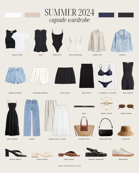 Casual Summer Outfits Capsule, Europe Summer Vacation Capsule, Capsule Wardrobe 2 Weeks Europe, Outfit Capsule Summer, Chic Outfits For Summer, Paris Outfits Summer Travel, Summer Clothing Capsule, Capsule Outfits Summer, Eroupe Travel Outfit