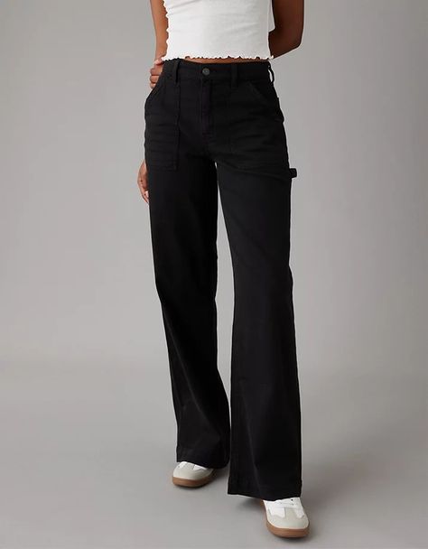 AE Dreamy Drape Woven Super High-Waisted Baggy Wide-Leg Pant Work Office Pants, Black Pants Women Outfits, Black Jeans Wide Leg Outfit, Intern Outfit College, Cute Simple Fits, Business Casual Jeans Outfit, Work Pants Outfit, Cute Black Pants, Winter Pants Women