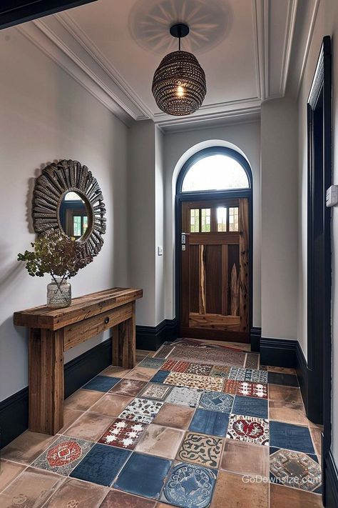 Here’s a creative way to accentuate your entryway: by using eccentric Moroccan tiles in a dispersed and free pattern! Entryway Tile Floor, Moroccan Floor Tiles, Moroccan Tile Floor, Entryway Floor, Floor Tile Ideas, Entryway Tile, Moroccan Tiles Pattern, Entryway Flooring, House Elements