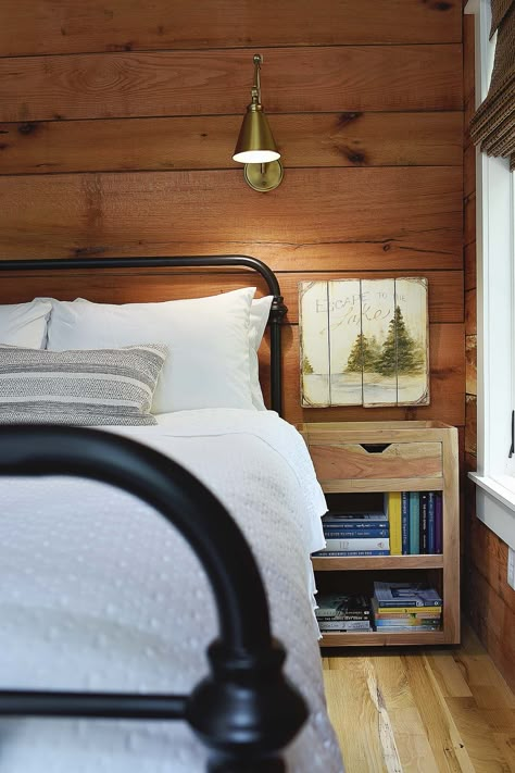 the lake cottage - Blessings and Raindrops Lake Cottage Bedroom, Small Lake Cabins, Lake House Bedroom Decor, Edge Of A Cliff, Lake House Bedroom, Fall Afternoon, Lake House Interior, Cabin Bedroom, Pine Walls