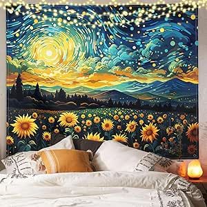 XIGUAGUO Sunflower Starry Tapestry for Bedroom Aesthetic Decor Wall Hanging Home Dorm Nature Oil Painting, Tapestry Aesthetic, Tapestry For Bedroom, Fantasy Nature, Starry Night Art, Fall Flower, Night Art, Sunflower, Wall Hanging