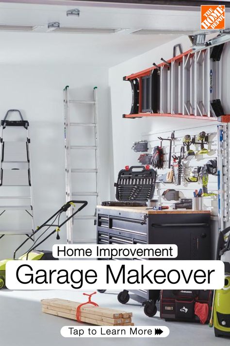 Give your garage an upgrade this spring! Simplify storage, organize tools and power up productivity by installing cabinets and adding storage solutions from The Home Depot. Follow our guide and start decluttering and organizing today! Tap to explore. Home Depot Garage Organization, Garage Makeover Ideas, Lawn Tool Storage, Barn Organization, Organization And Cleaning, Organize Tools, Peter Walsh, Adding Storage, Garage Organizer