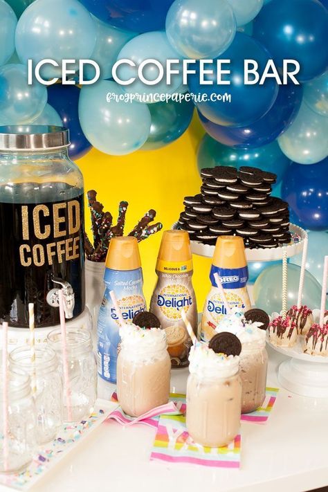 Iced coffee bar ideas for your next party--like frappes and OREO flavored drinks! Easy Coffee Bar For Party, Coffee Bar Ideas For Grad Party, Coffee Bar For A Party, Cold Coffee Bar Ideas Party, Cold Brew Coffee Bar Party, Brunch Coffee Bar Ideas, Diy Coffee Bar For Party, Iced Coffee Bar Ideas For Party, Cold Brew Bar Party