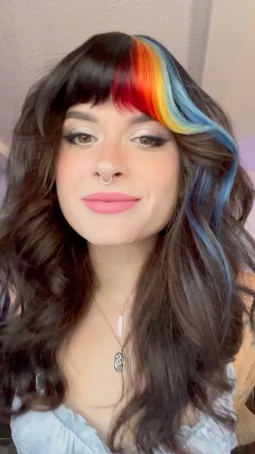 Colorful Curtain Bangs, Rainbow Bangs Hairstyles, Vivid Hair Color Bangs, Black Hair Color Block, Color Blocking With Bangs, Rainbow Color Block Hair, Fun Peekaboo Hair Color Ideas, Color Block Vivid Hair, Color Block Placement Hair